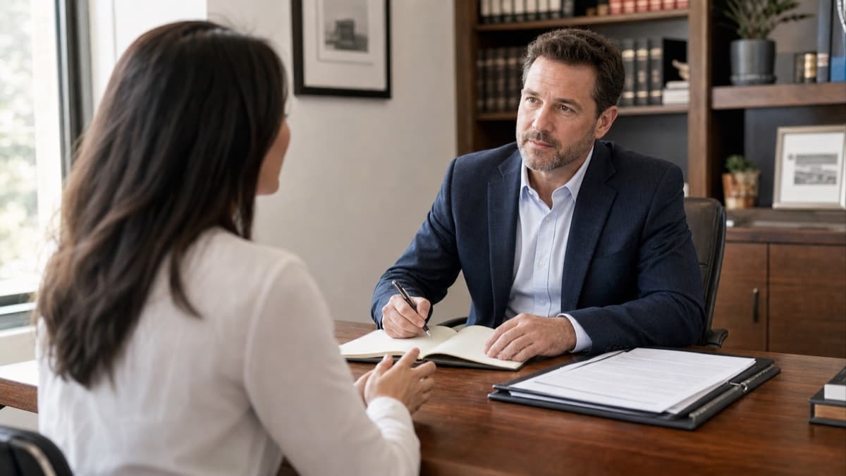An attorney listening to a prospective client in a small law office