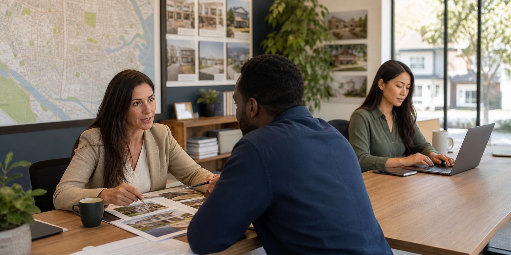 A real-estate agent reviewing property options with a buyer inside a neighborhood agency office